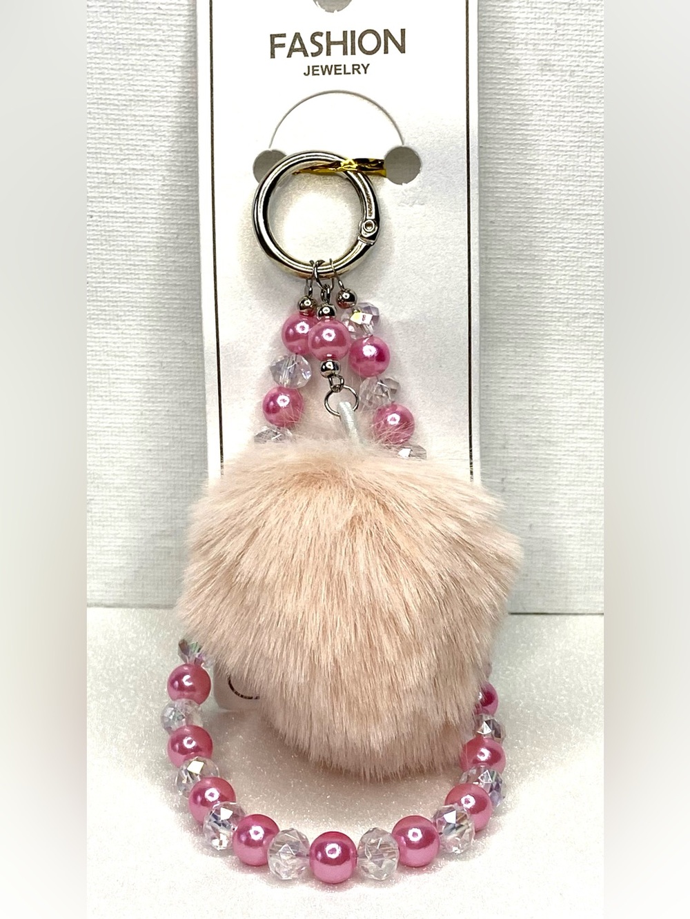 Fashion Jewelry Blush Pink Faux Fur Pom Pom Key & Card Holder with Beads